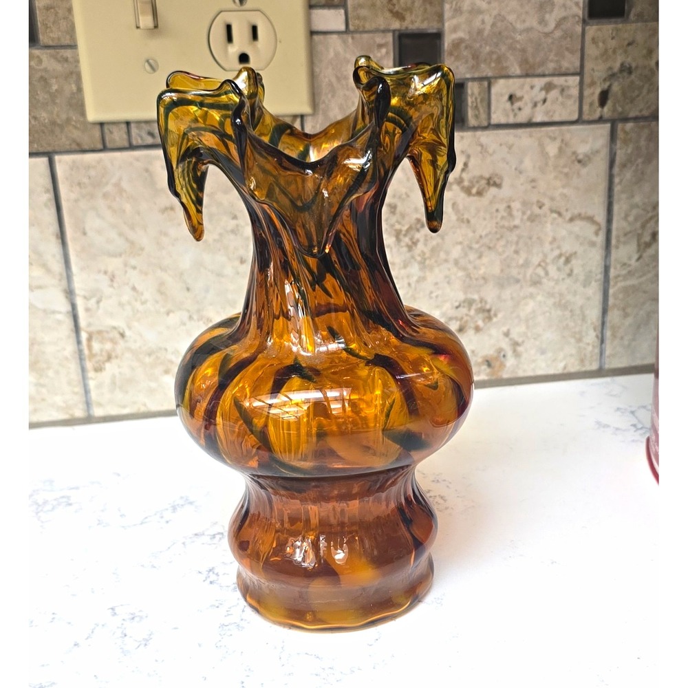 Tortoise Shell Art Glass Vase Ruffled Rim Glossy Decorative Abstract 8x5 in